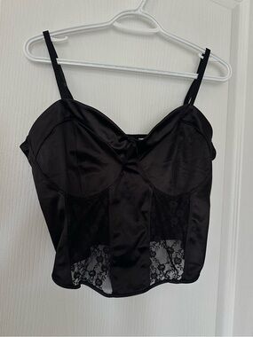 🔥 2/$20 Black Satin Style Lace Corset Bustier Crop Top Goth Coquette Date Night
